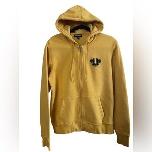 True Religion Mustard Yellow Zip Hoodie Logo Graphic Y2K Streetwear Size Medium